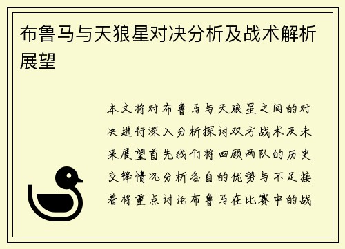 布鲁马与天狼星对决分析及战术解析展望